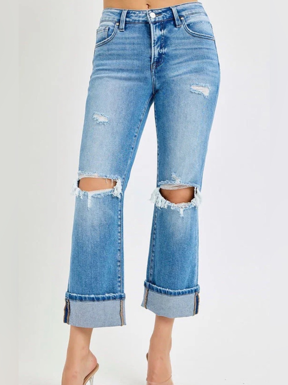 Light Blue Distressed High-Rise Crop Jeans
